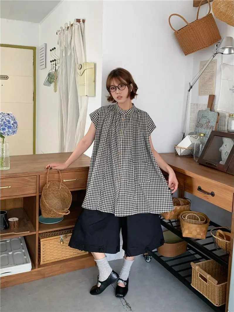 

Ladies Casual Loose round Neck Plaid Short Sleeve Shirt Summer 2026 New Style Comfortable Slimming Vintage Top