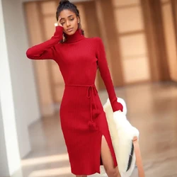 YuooMuoo Good Quality Thick Sweater Dress for Winter Women Turtleneck Ribbed Knitted Bodycon Dress Streetwear Ladies Vestidos