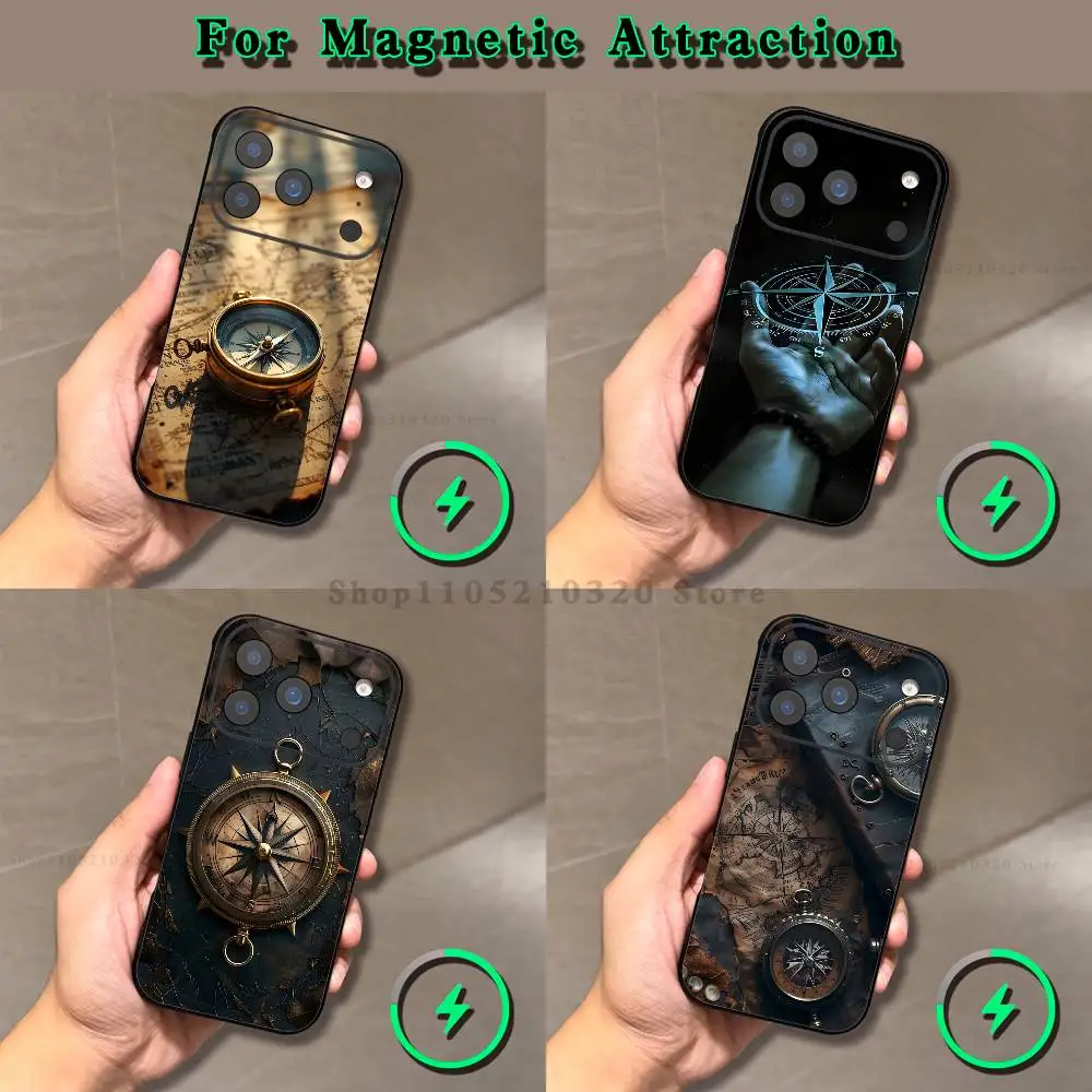 

Compass Phone Case For iPhone 17,16,15,14,13,12,11,Pro,Max,Plus,E,Air,Mini Magnetic Magsafe Frosted Clear