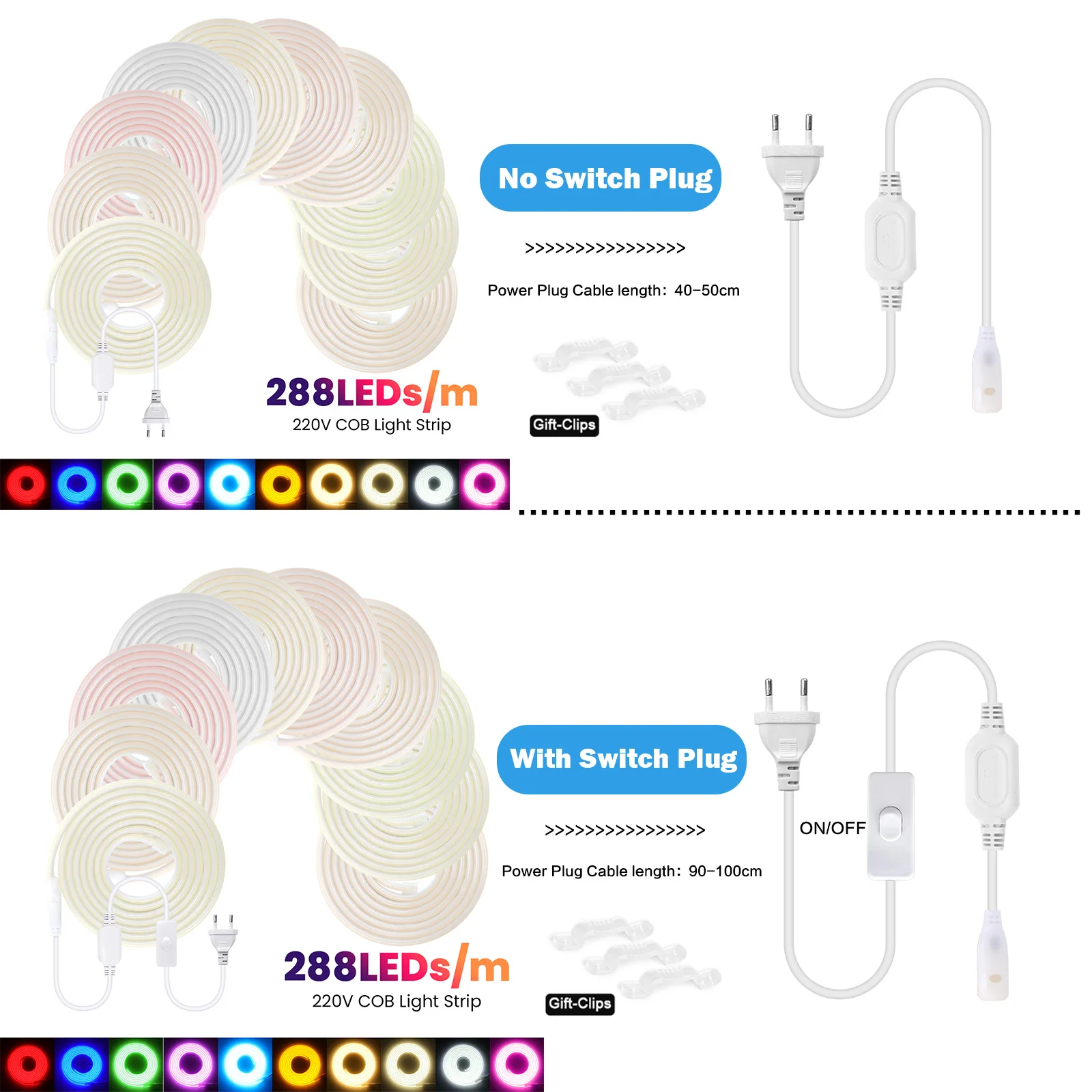 220V COB Neon Strip 288LEDs/m Purple White Blue Red Green IP67 Waterproof Ribbon Light With Switch EU Plug Lighting Garden/Home