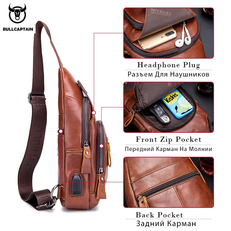 BULLCAPTAIN cowhide Leather Casual Fashion Crossbody Chest Bag men\'s leather bag USB Charging Travel Shoulder Bag Male