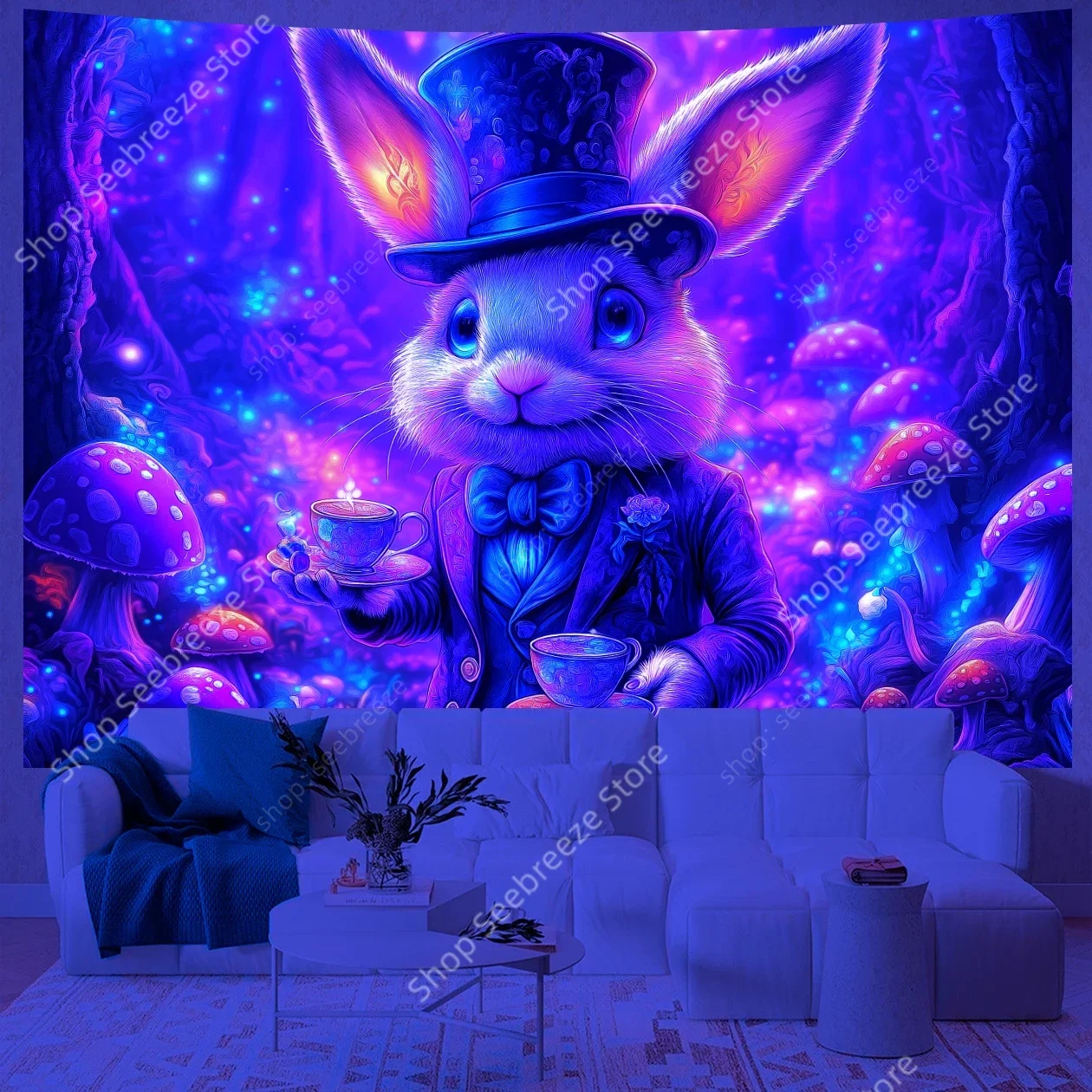 Glow in The Dark Mr Rabbit Tapestry Whimsical Fluorescent Wall Art for Kids Bedroom Nursery Decor Fantasy Night Light Design