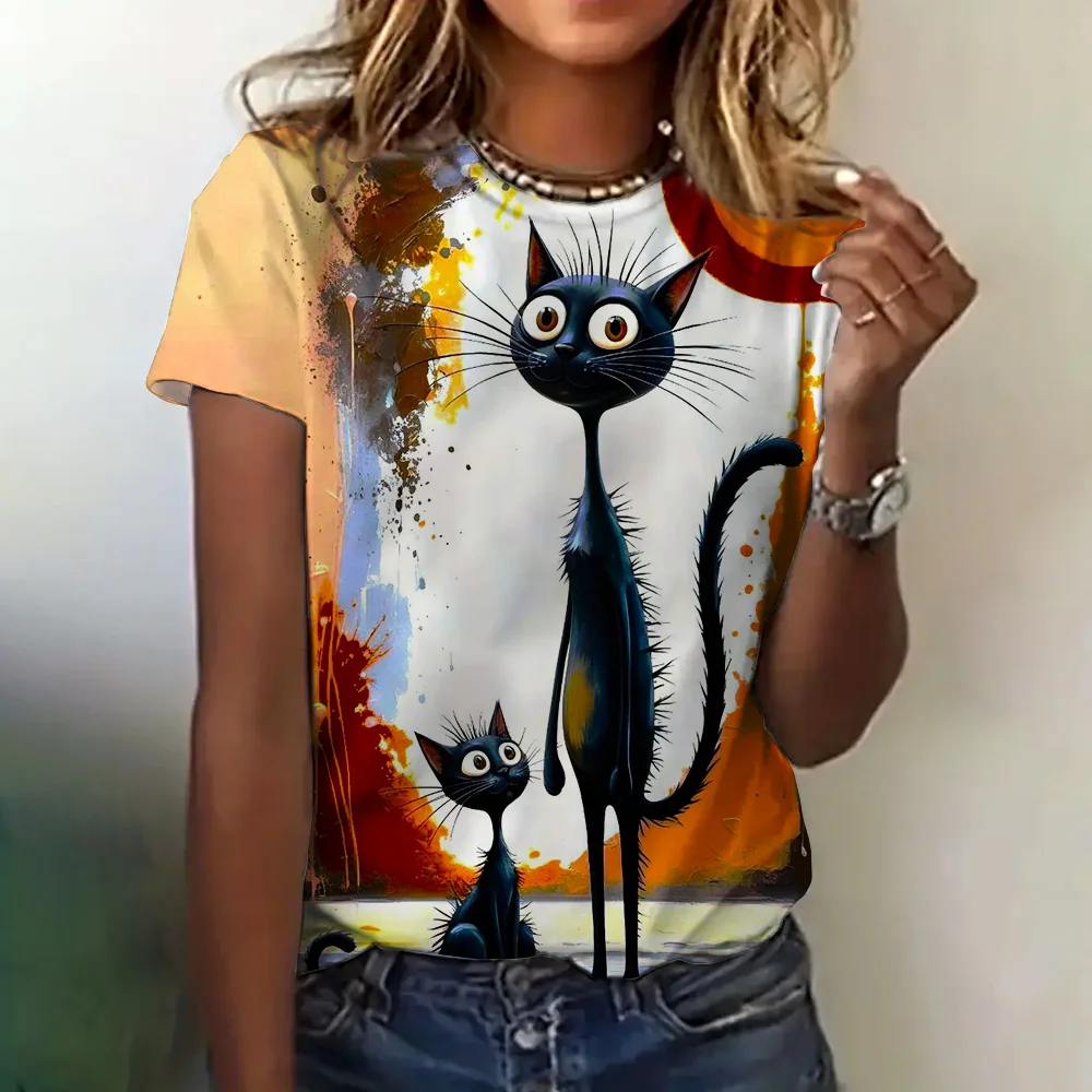 Fashion Abstract Hand-Painted Cat Graphic Print T-Shirt For Women 2024 New Soft Ladies Short Sleeve Top Casual Female Clothing