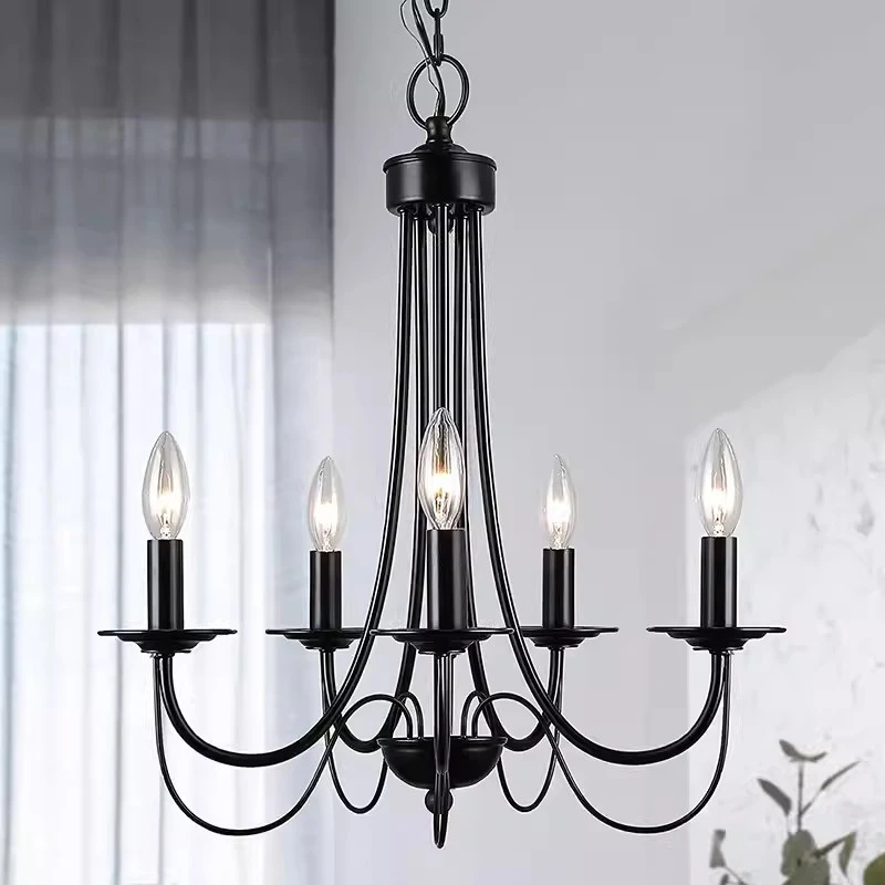 

Vintage Black Metal Candle Chandelier Traditional Style Iron Pendant Light Fixture for Farmhouse Dining Room Bedroom Kitchen