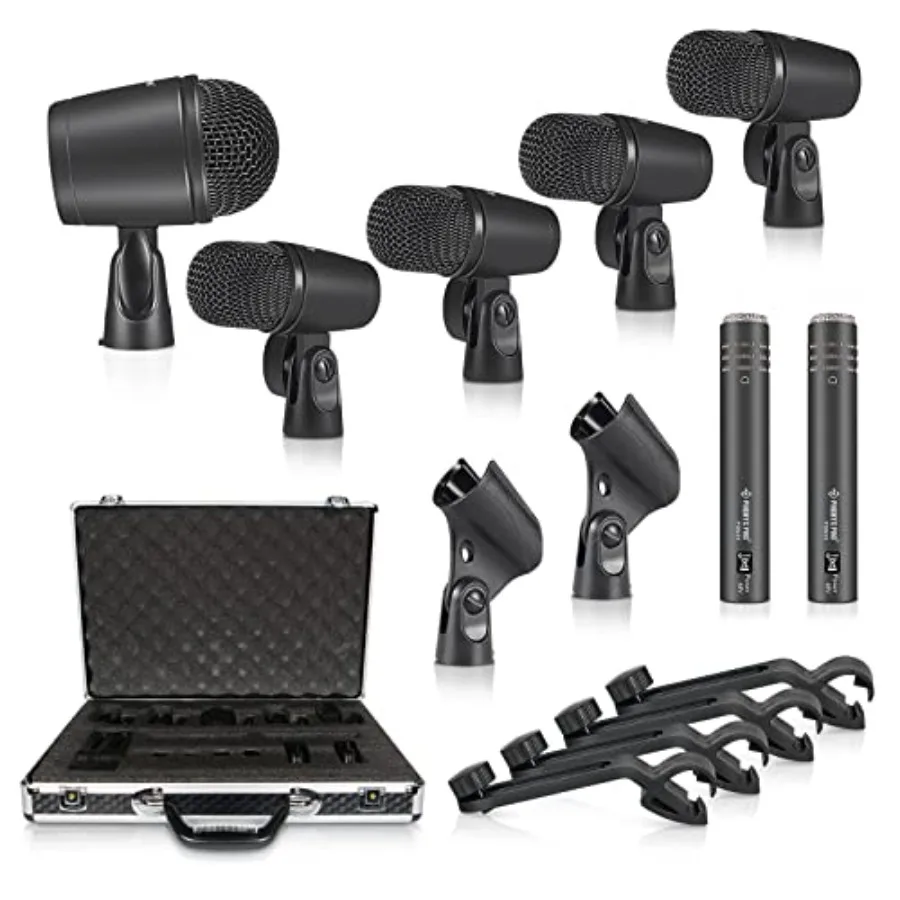 

7-Piece Full Metal Wired Dynamic Drum Microphone Kit for Bass Tom Snare Hi-hat Cymbals with Carrying Case Holders and Threaded
