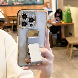 Electroplated Transparent Stand Phone Case For iPhone 15 14 Plus 13 12 11 Pro Max XS X Wristband Fine Hole Shockproof Back Cover