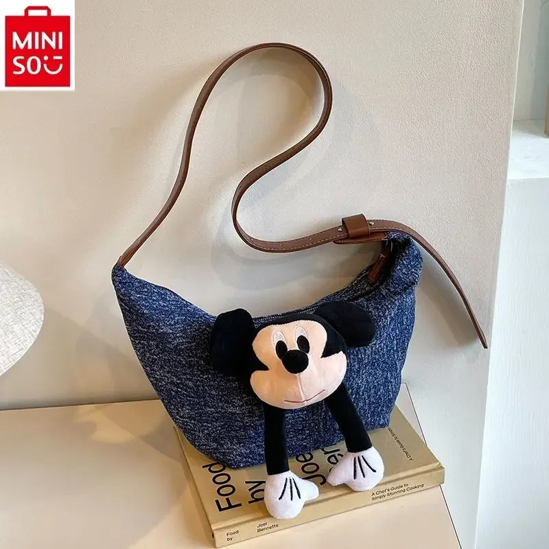 MINISO 2024 Classic New High Quality Cowboy Mickey Doll Bag for Women Multi functional Storage Underarm Horns Bag