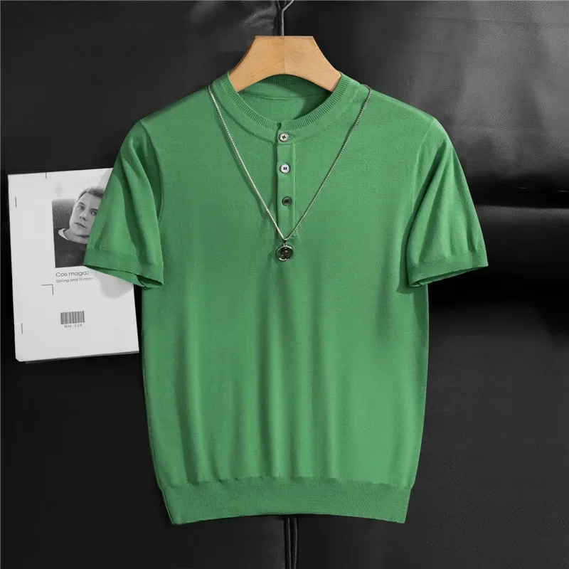 

Новая летняя трикотажная футболка с короткими рукавами и воротником Генри, высококачественная мужская трикотажная дышащая футболка из тонкого ледяного шелка с воротником с лацканами