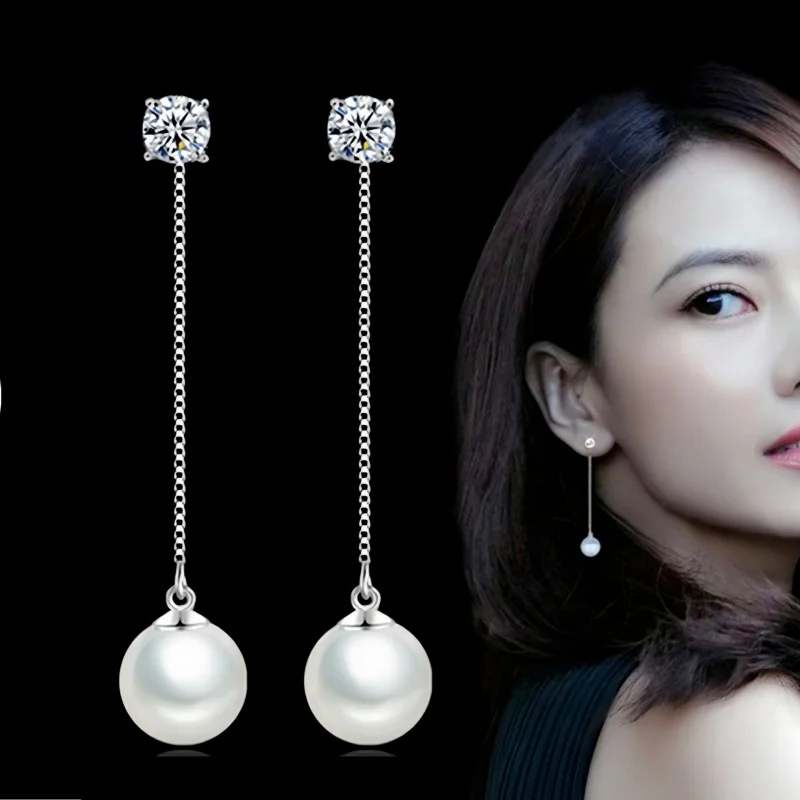 

Senlissi - Elegant S925 Silver Pearl Tassel Earrings Four Prong CZ Thin Chain Drop Earrings Birthday Gift Jewelry For Women