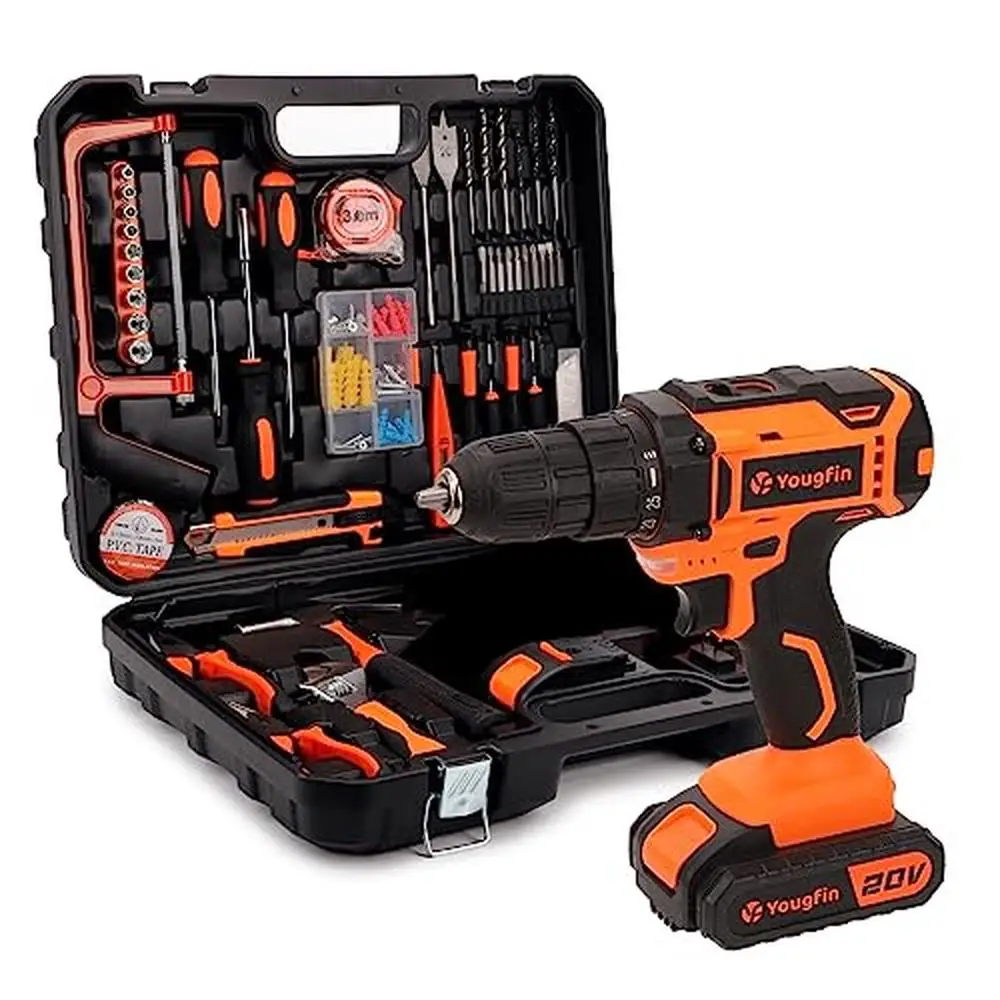 Power Tool Combo Kit 20V Battery Cordless Drill Set 114pcs Hand Tools Tool Box 2 Batteries Charger LED Light Clutch Settings