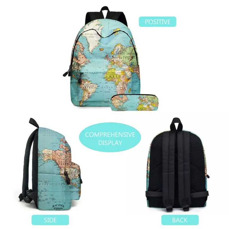 2pcs World Map Printing School Backpack Student Bookbag Travel Laptop Daypack with Pencil for Case for Teenager Girls