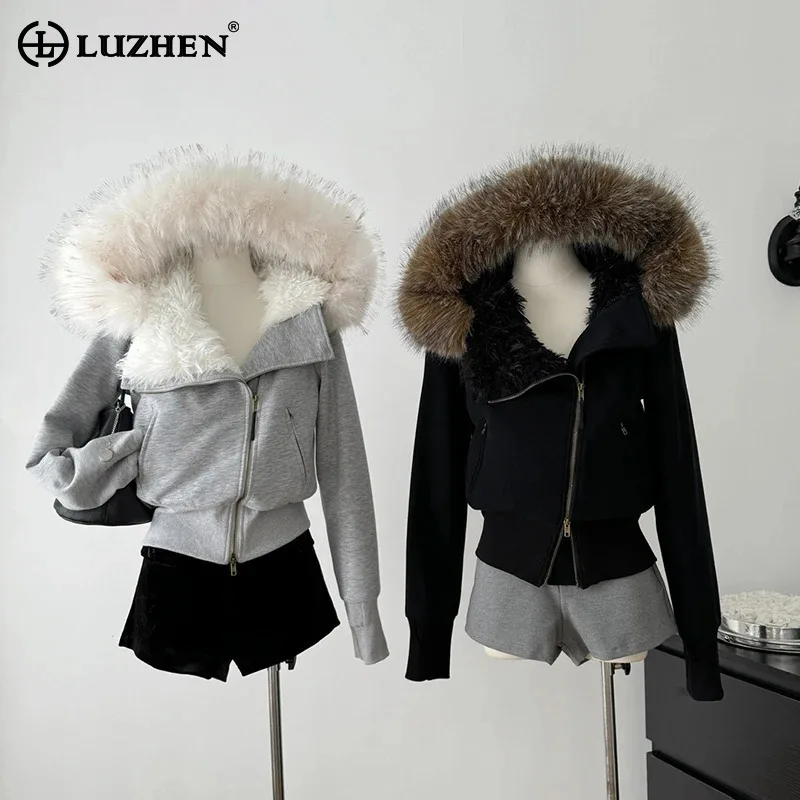 LUZHEN Original Personalized Asymmetric Slant Zipper Design Fur Hooded Coat Women's 2024 Winter Fashion Street Sweater AA2699