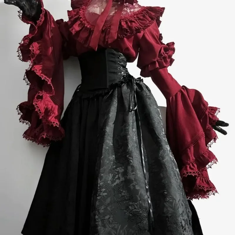 Lolita Gothic Dark Academiaเสื้อผ้าElegant Y2k Vintageเสื้อแขนยาวสีขาว 2025 ใหม่Ruffles Slim Fitเสื้อผู้หญิงกระโปรง