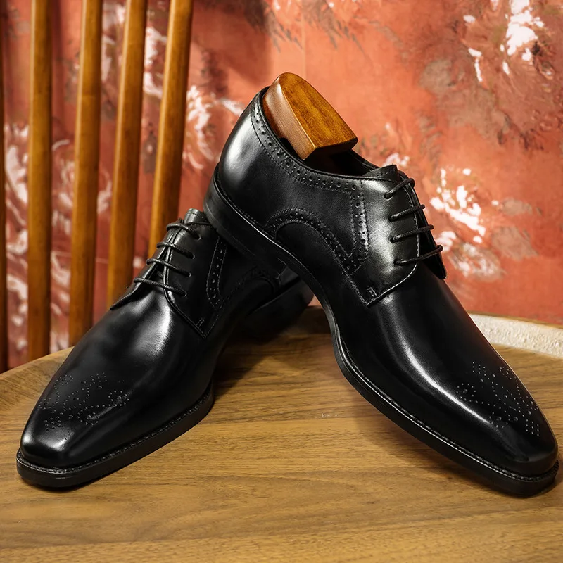 Men's brogue leather shoes, business formal wear, cowhide men's shoes, small square toe derby shoes