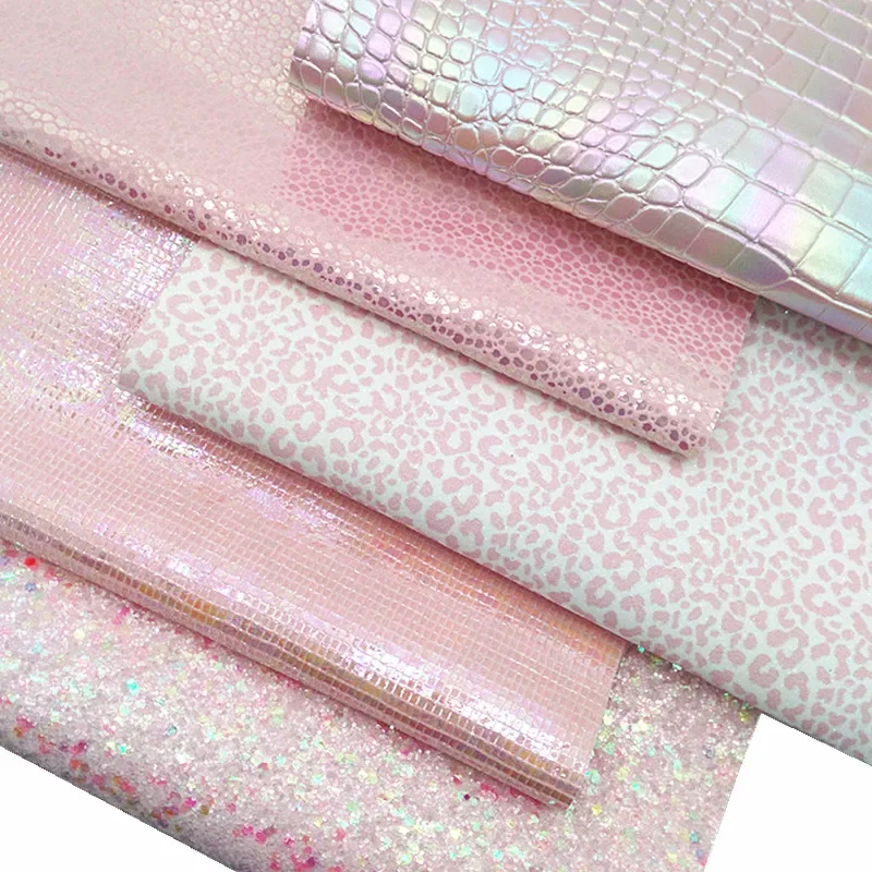 Pink Glitter Leather Sheets Caviar Grids Soft Iridesent Fabric Leather Crocodile Embossed Leather Leopard For DIY 21x29CM Y339