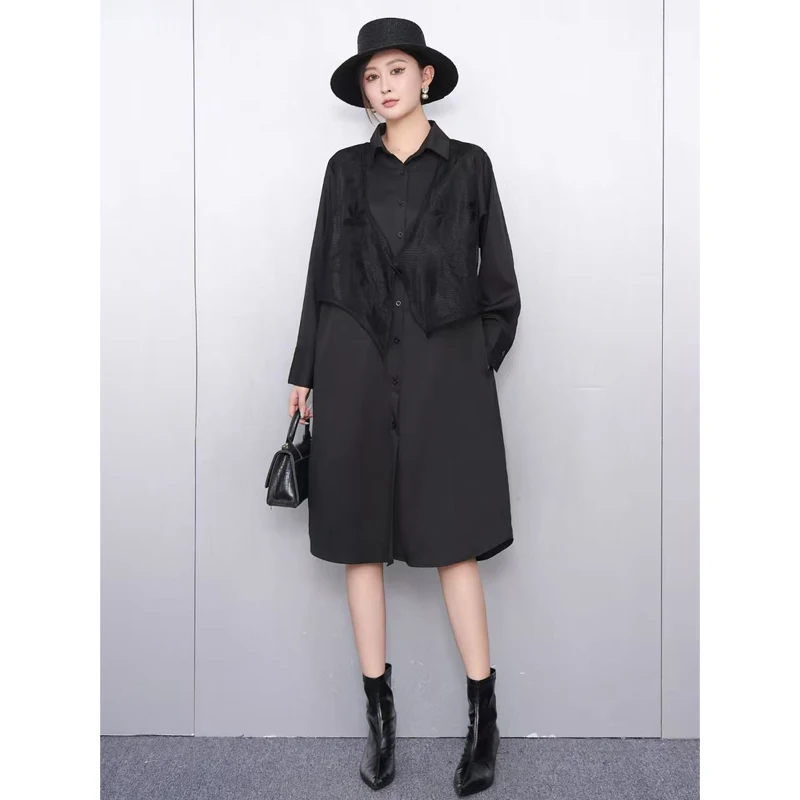 2025 Herfst Elegante Vrouwen Losse Casual Retro Patchwork Shirts Lange Jurken Vrouwelijke Lange Mouw Jurk Groothandel J2062