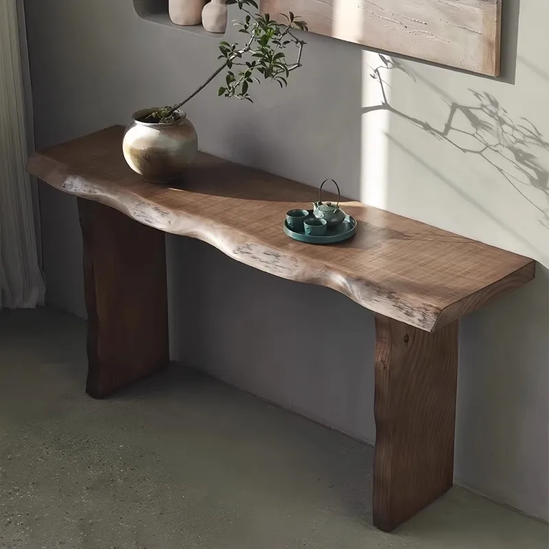 Wabi Sanfeng log entrance table B & B hotel living room retro old decorative strip case against the wall solid wood entrance
