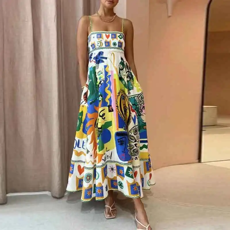 Vintage Print Long Pleated Dress Women Summer Backless Sleeveless Beach Holiday Party Dresses Elegant Ladies Fashion Robes