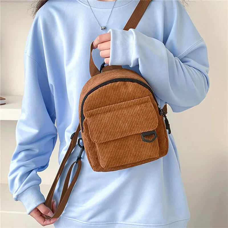 Fashion Women Mini Backpack Solid Color Corduroy Small Backpacks Simple Casual Student Bookbags Traveling Backpacks 2023