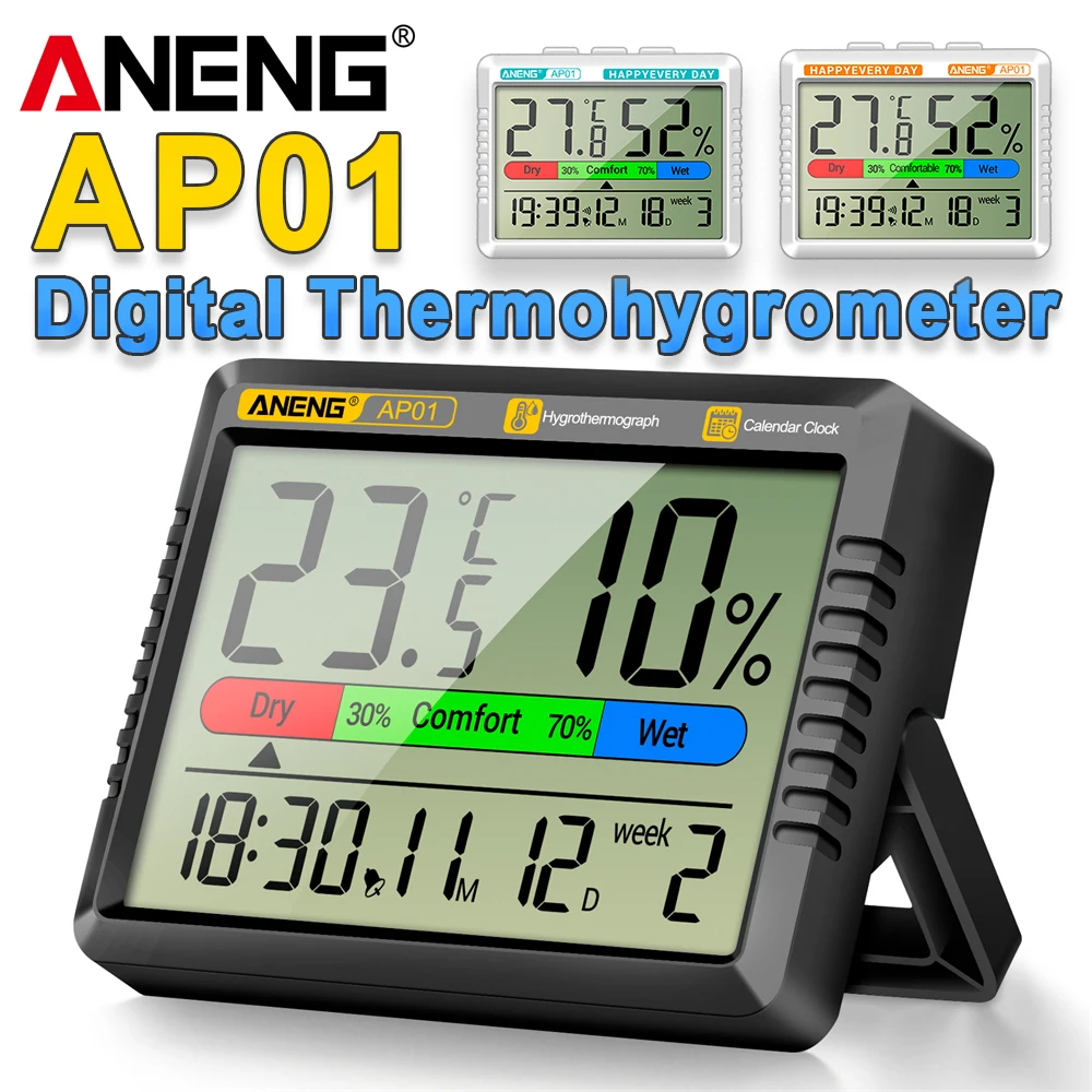 ANENG AP01 LCD Digital Thermometer Hygrometer Indoor Room Temperature Humidity Meter  Alarm Clock Weather Station For Home