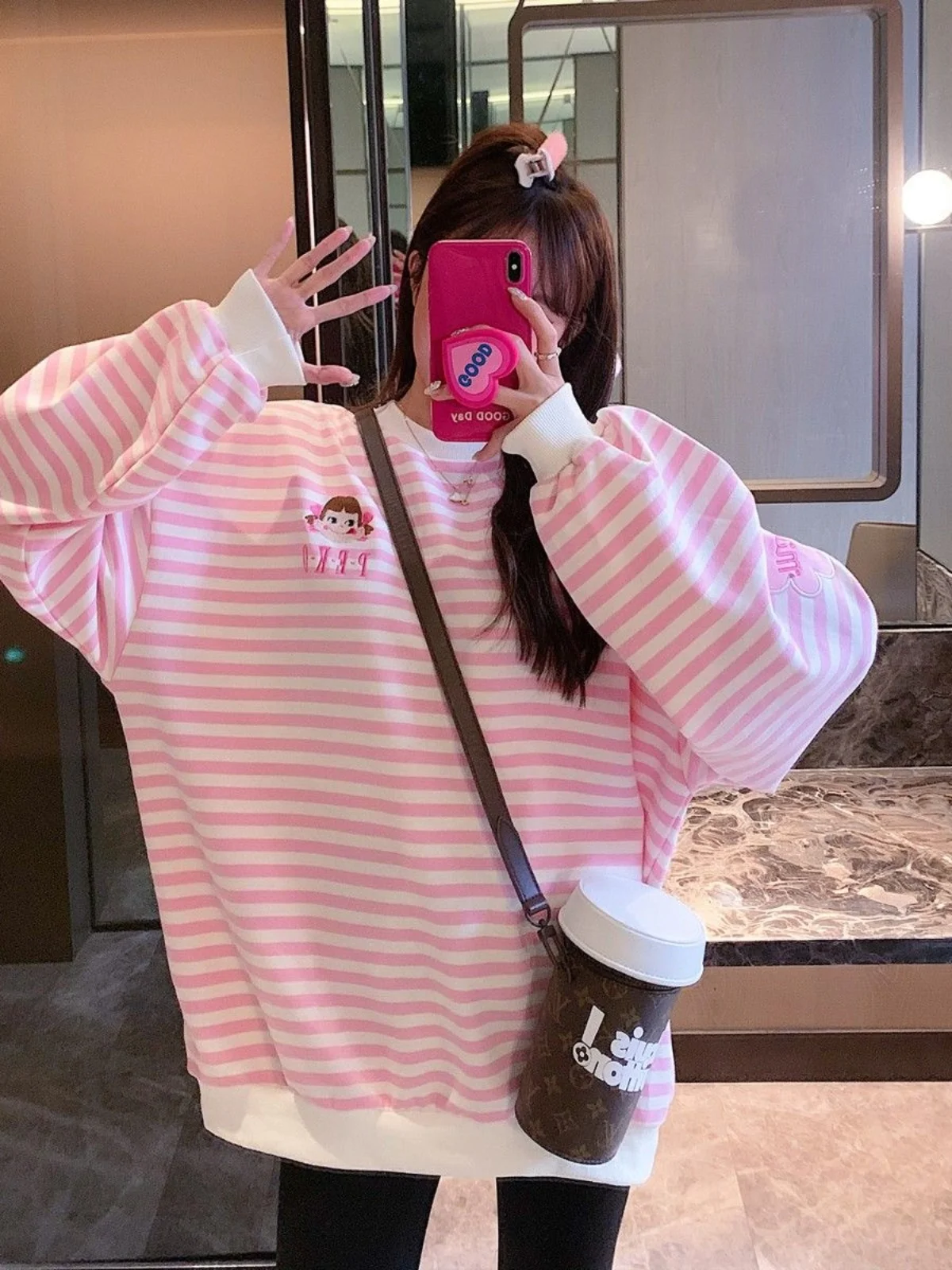 동대문 스트라이프 스웨트셔츠 여성 초가을 플러스 사이즈 캐주얼 루즈 패셔너블 안티에이징 탑 트렌디 폴리에스터 00%