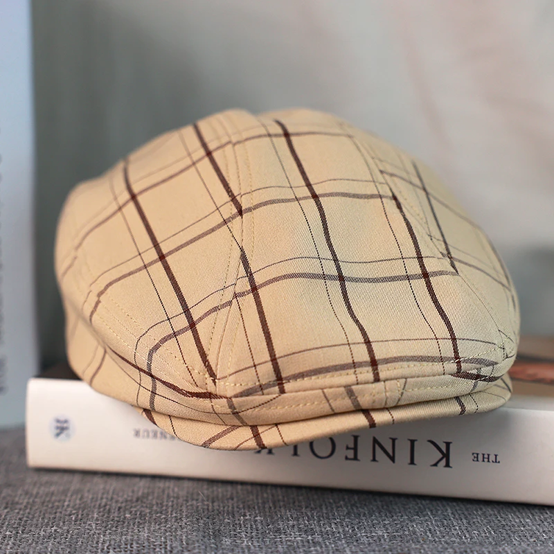 Newsboy Hat Men Beige Plaid Cotton Flat Caps Women Men British Painters Hat Soft Spring Summer Autumn Berets Octagonal Cap A-39