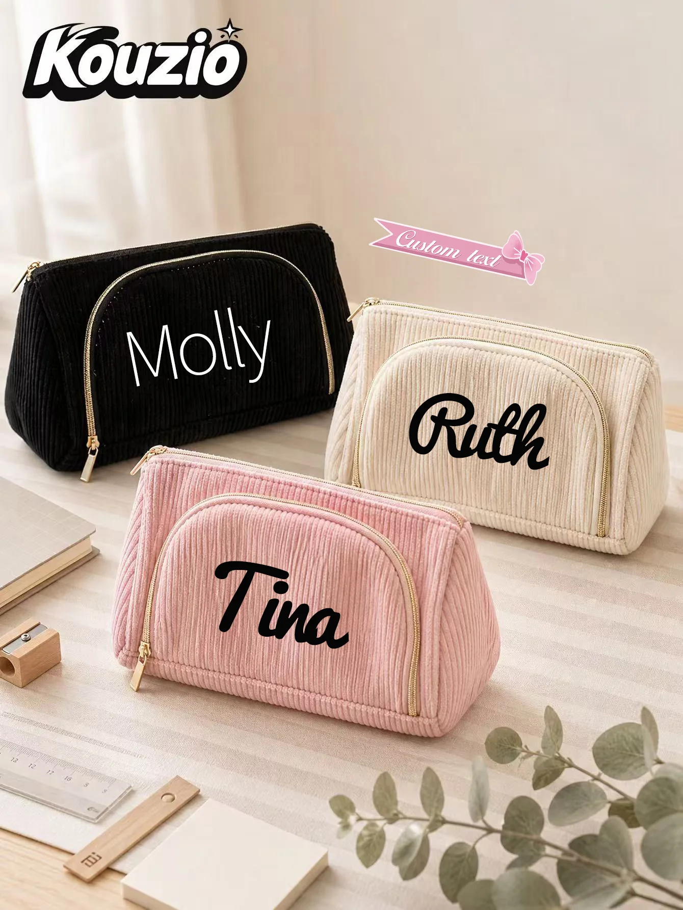 Custom Name Heat Transfer Corduroy Pencil Case Personalized Zipper Pen Bag Large Capacity Stationery Organizer Back to School