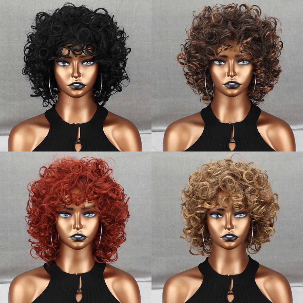 WERD Synthetic Short Black Hair Afro Kinky Curly Wigs With Bangs For Black Women Fluffy  African Ombre Wigs