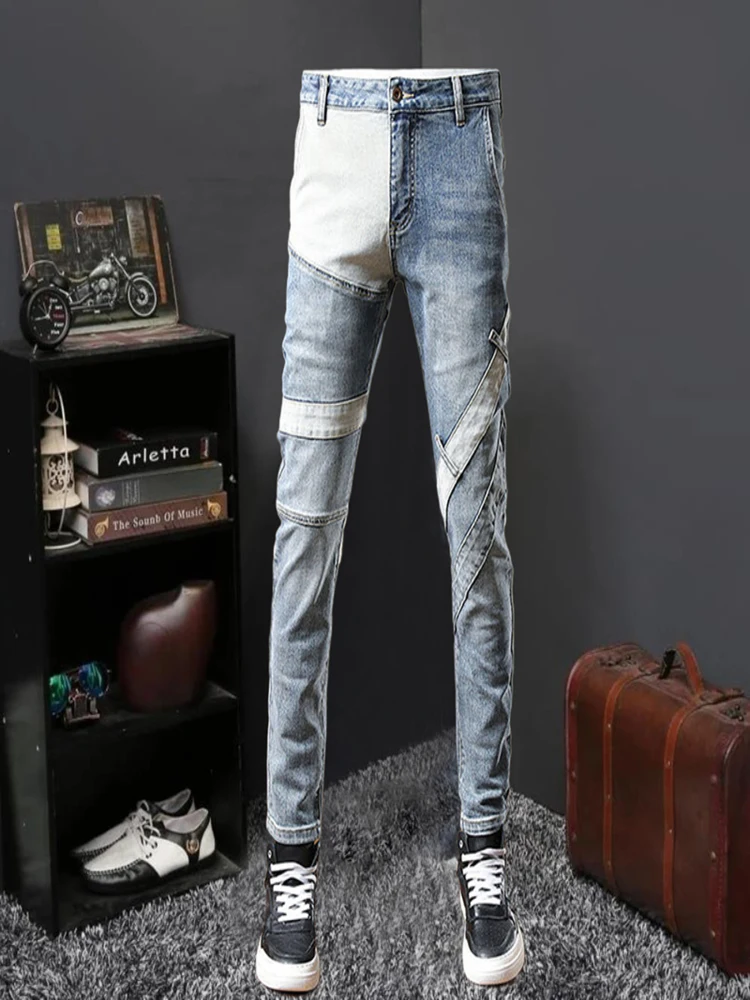 

Men Fall Slim Fit Stretchy Jean Blue White Contrast Color Stitching Design Hip Hop Style Trouser For Pantalon Vaquero Hombre