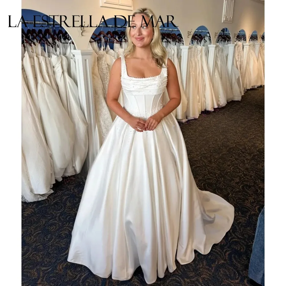 Garden Outdoor Wedding Ceremony Dress  Draped Square Neck Basque Waist Pearl Bridal Photoshoot Gown for Maternity Bride Chapel