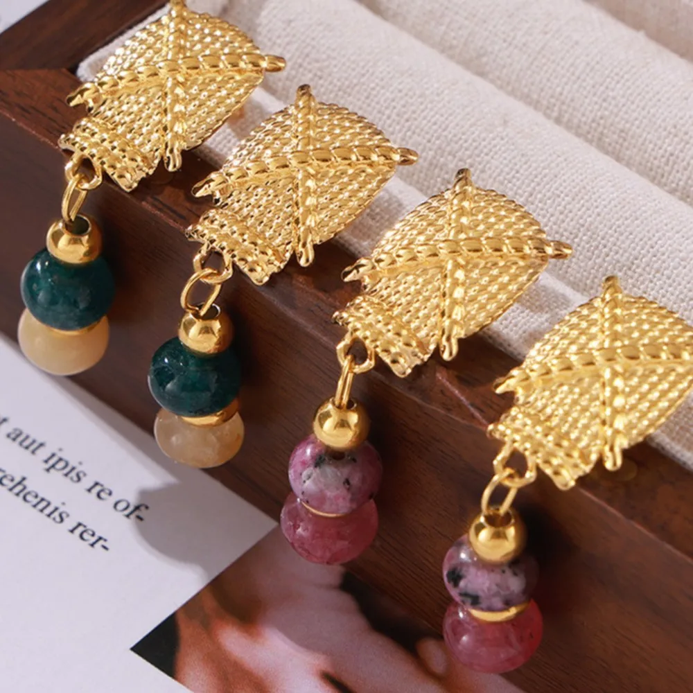 Stainless Steel Gold Plated Vintage Earrings for Women Green Pink Natural Stone Beaded Drop Earrings 2024 Trend Summer Jewelry