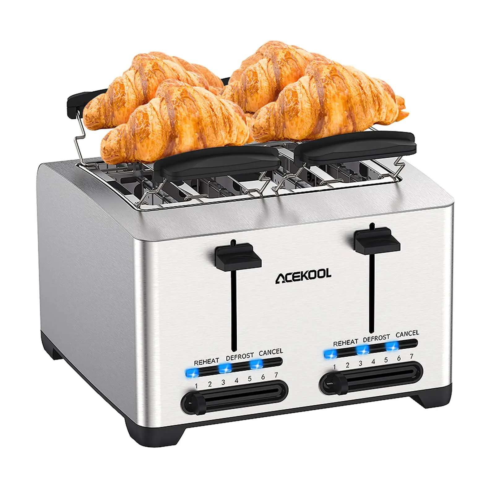 4 Slice Stainless Steel Toasters ,1.6 inch Extra-wide Slot,7 Toasting Levels Toaster with Removable Crumb Trays 1500W TA1