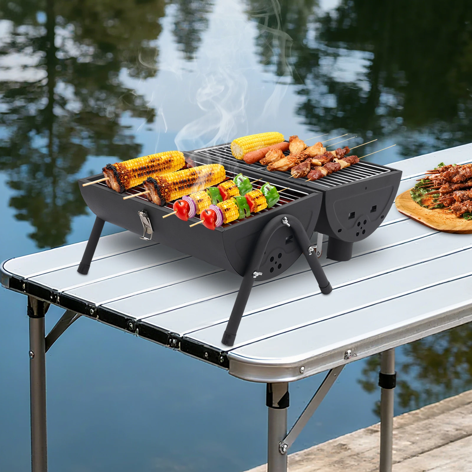 

Portable Charcoal Grill with Chimney, Double Sided Grilling Nets & Baking Pan, Tabletop BBQ for Outdoor Camping Picnic
