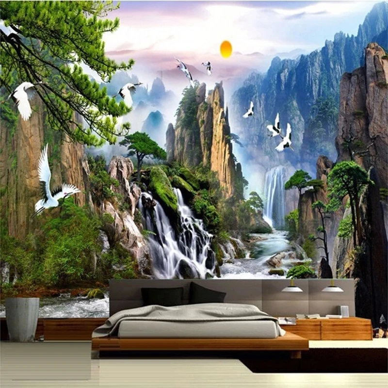 Custom 3D Chinese Landscape Paintings Mural Sunrise Mountain Waterfall Crane Wallpaper Living room background bedroom restaurant