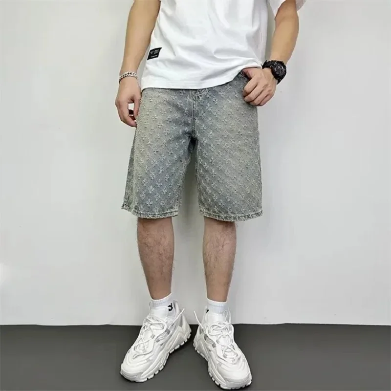 Straight Leg Loosen Male High Street Niche DesignTide Shorts Fashion Casual Summer Light Blue Distressed Men Denim Shorts Smart