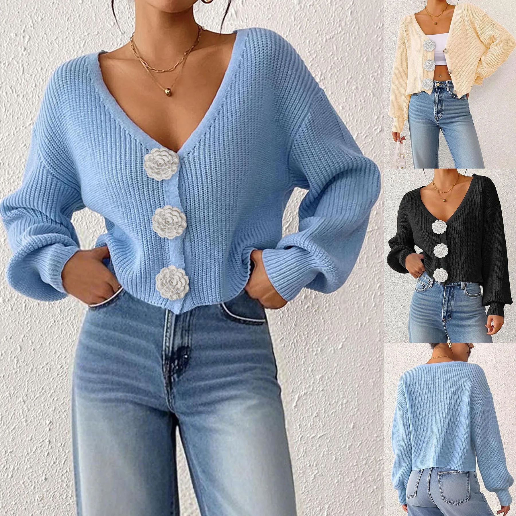 

Women's Knitted Sweater Street Top Hand Hook Flower Decorative Button Cardigan Short Jacket V-neck Long Sleeve Pullover