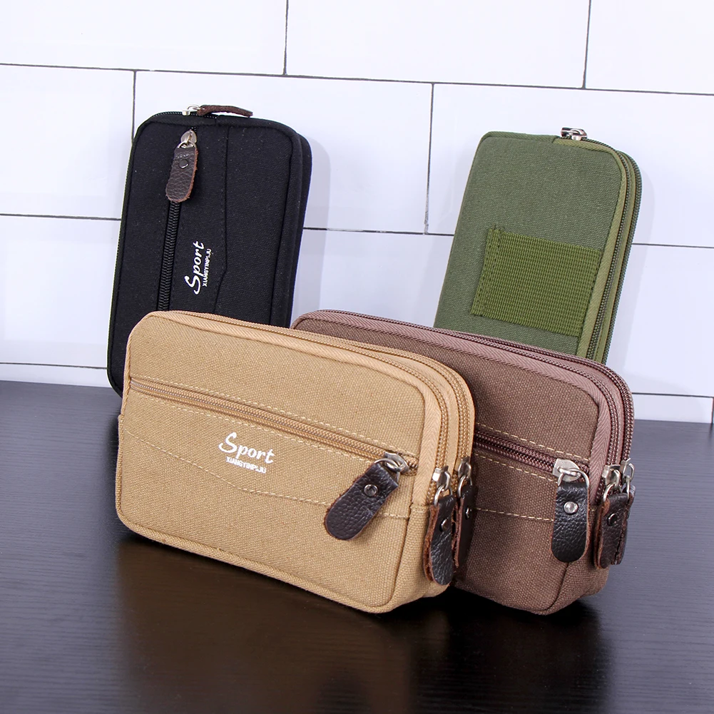 

6.5 inch Men Belt Bags Large Capacity Multifunction Sports Belt Bag Portable Canvas Multi-Pockets Zipper Solid Color for Fitness