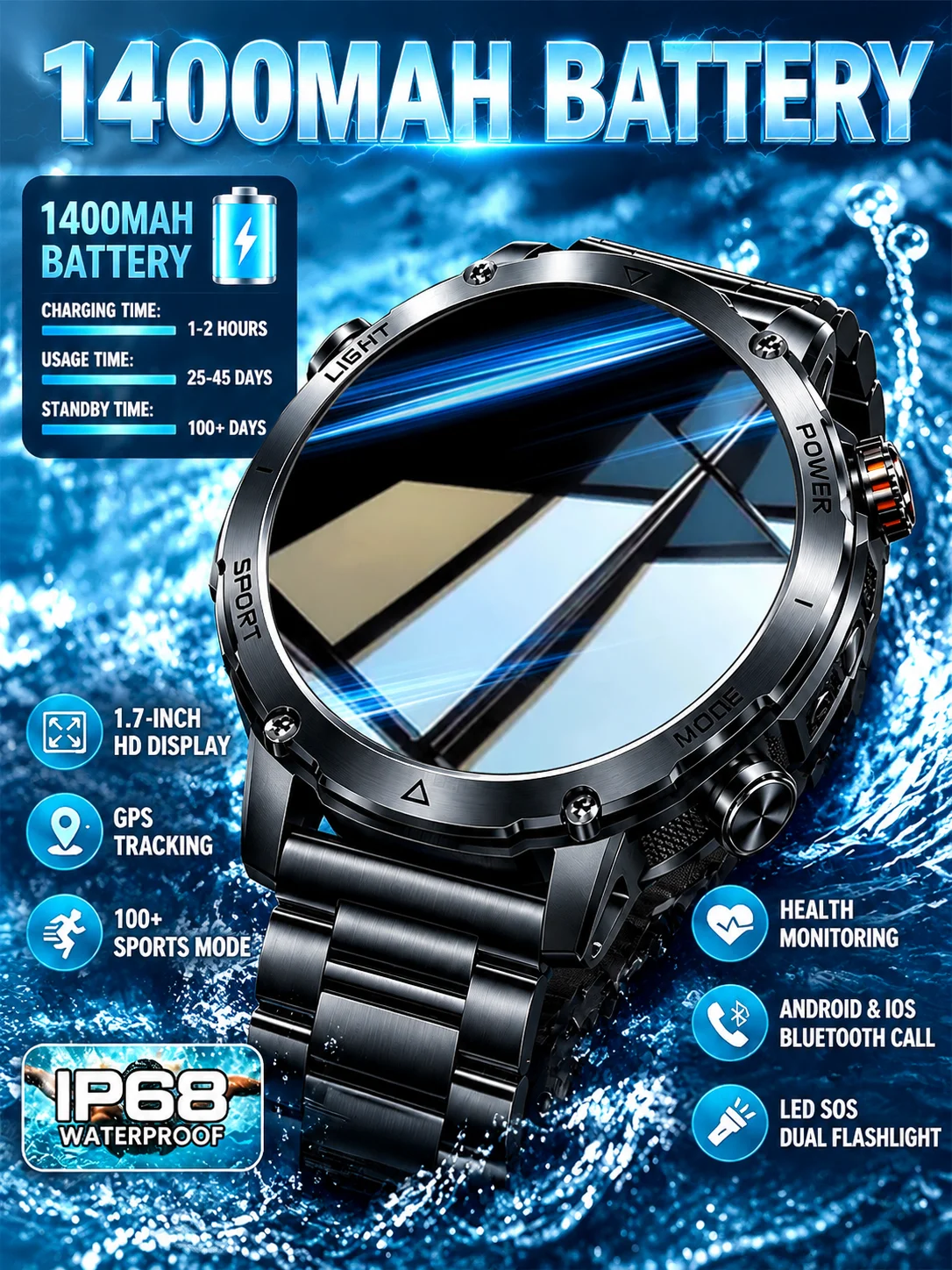 2026 Sapphire Rugged Outdoor Smartwatch für Herren 1400mAh 10ATM Wasserdicht Fitness-Tracker HD-Anruf 100+ Sportmodi Smartwatch Mann