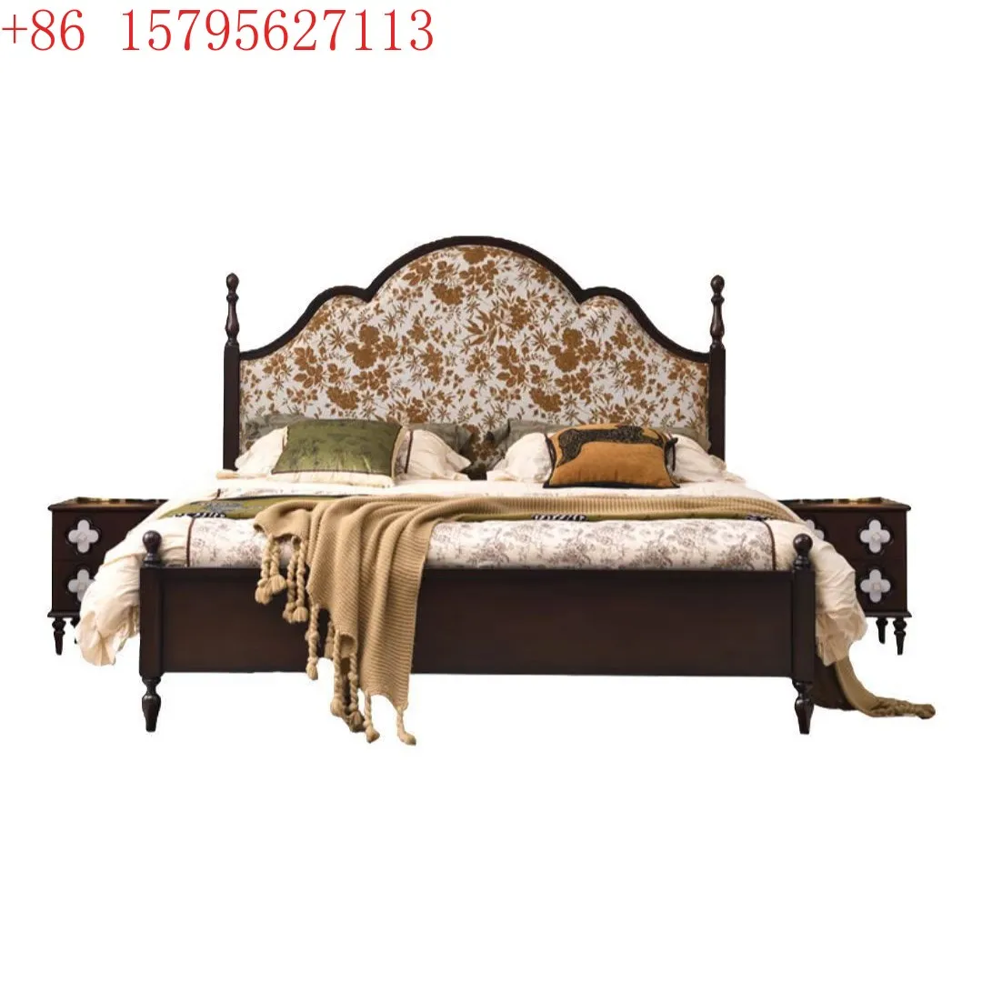 

Solid wood bed master bedroom 1.8 meters double bed antique flower cloth soft bag household bed