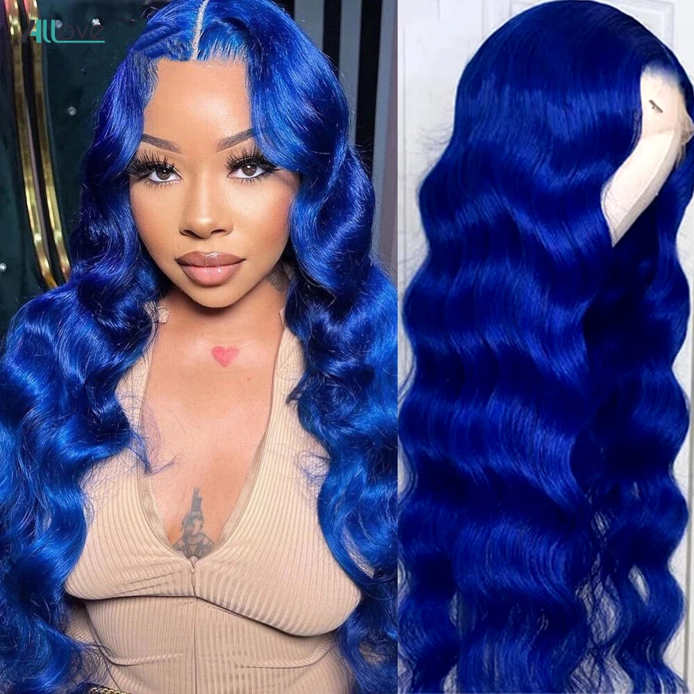 Allove Blue Lace Front Wig Human Hair 13x4 13x6  Transparent Lace Frontal Wig Brazilian Body Wave Lace Front Wig For Women