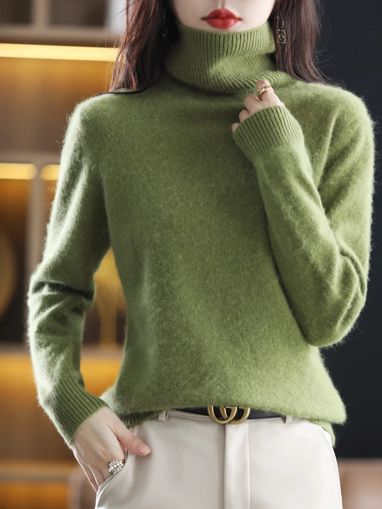 Autunno inverno nuovo 100% visone Cashmere maglione donna risvolto Pullover lavorato a maglia spessa Casual di grandi dimensioni top corto dolcevita