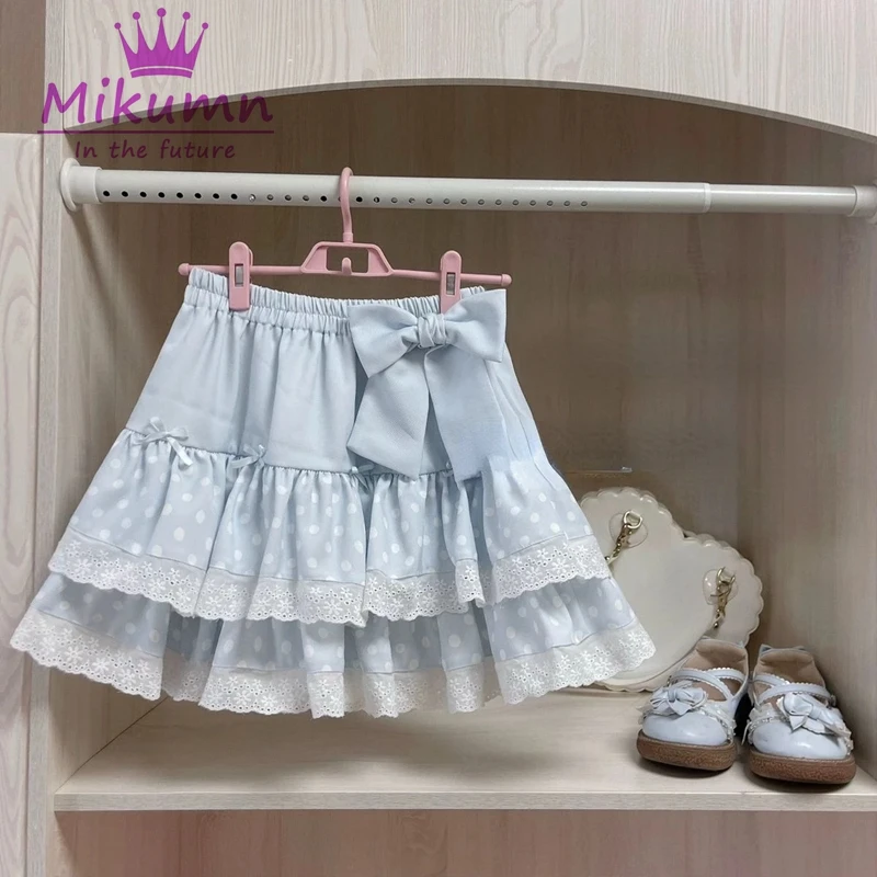 Mini saia com estampa de bolinhas para mulheres, saia curta para meninas, estilo Harajuku Lolita, babados doces, bolo doce japonês Y2K Kawaii