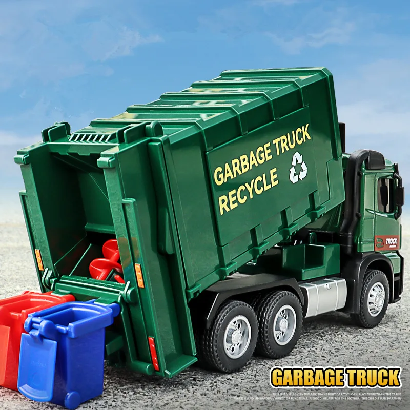 1/32 Pneumatic Control Garbage Truck Car Model Diecasts Metal City Garbage Sorting Sanitation Vehicles Car Model Kids Toys Gifts