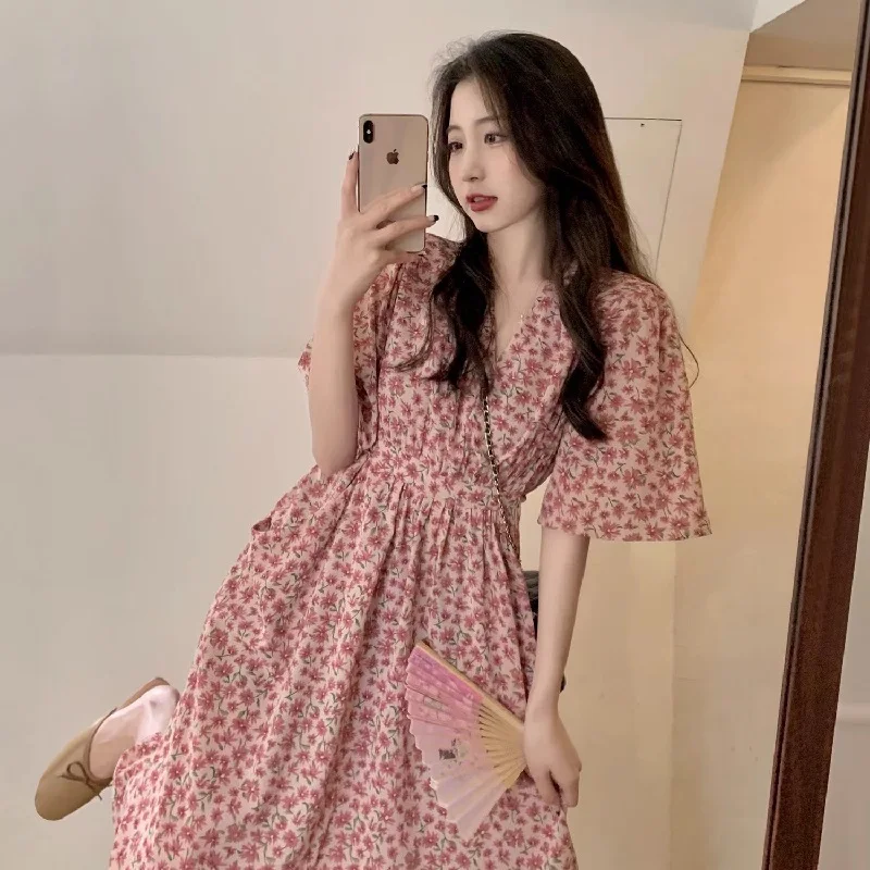 

Plus Size plus Size Women's Summer New Pure Desire Gentle Sle Bow Waist Slimming Long Pink Floral Dr Flattering A-Line Midi Dr