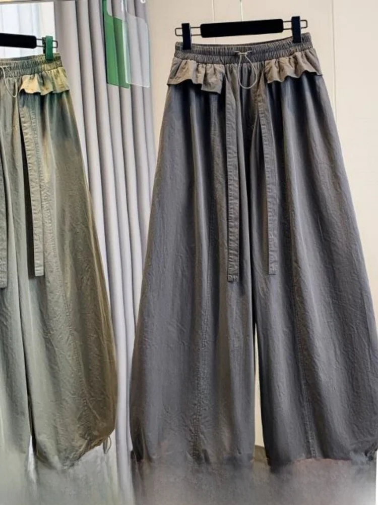 

High Waist Wide Leg Pants Straight Cut Loose Fit Trousers Korean Style Commute Pure Color Patchwork Elastic Waist Cotton