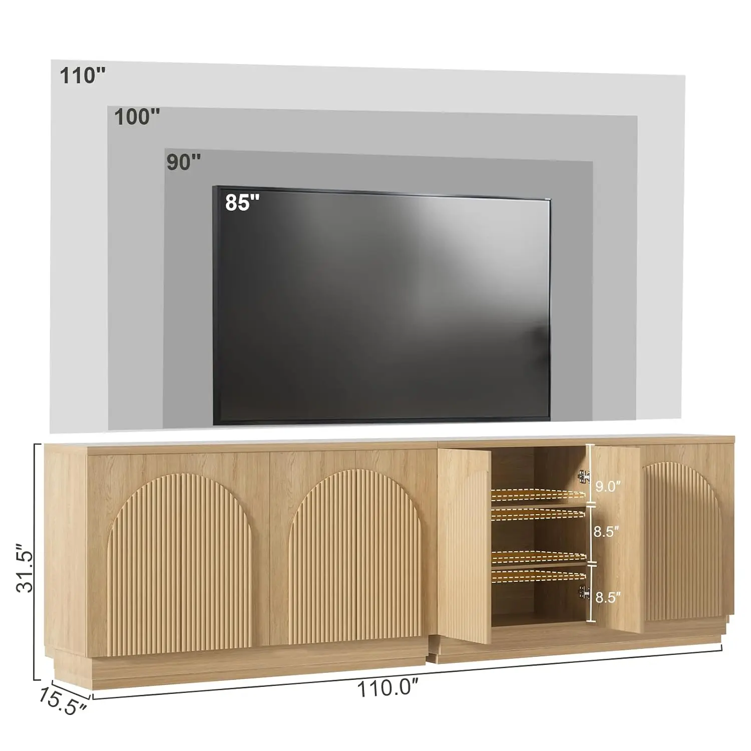 Fluted TV Stand with Arched Reeded Doors, Entertainment Center Storage for 98 Inch TV Console Cabinet Living Room, Customized