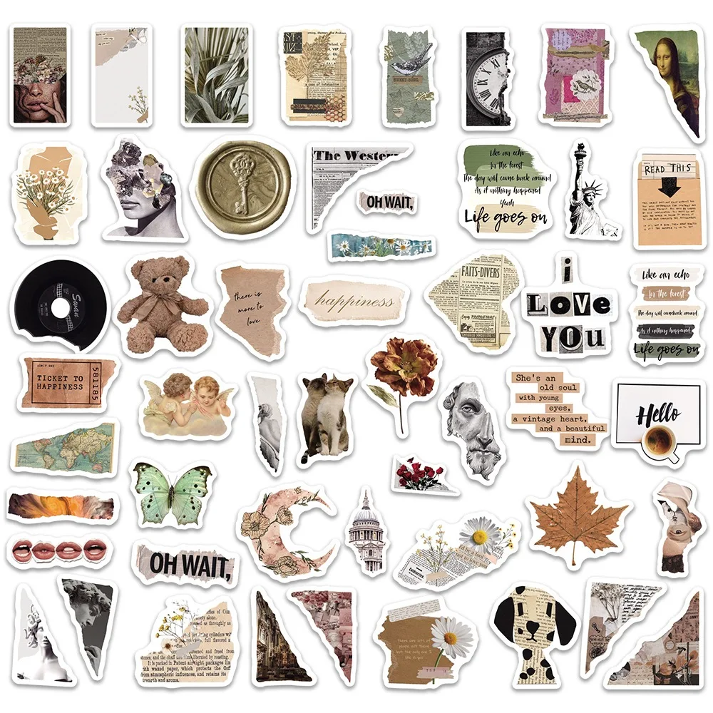 50pcs Vintage Stickers Retro Vsco Graffiti Aesthetic Ins Vinyl Decals Stationary Notebook Guitar Sticker Toy Kids Gift