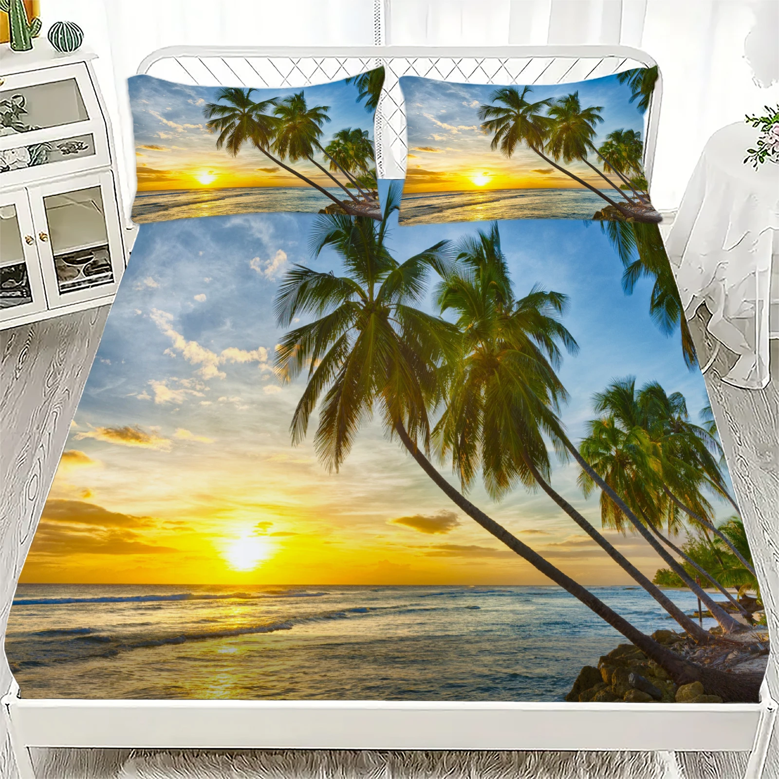 Fitted Sheet Set Coconut Trees Style Soft Breathable Bedding Set Sunset Sunset Glow Sea Printed Mattress Covers Vacation