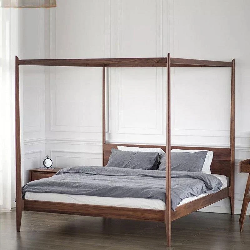

Customizable black walnut new Chinese frame bed four-poster log double bed minimalist bed and breakfast furniture
