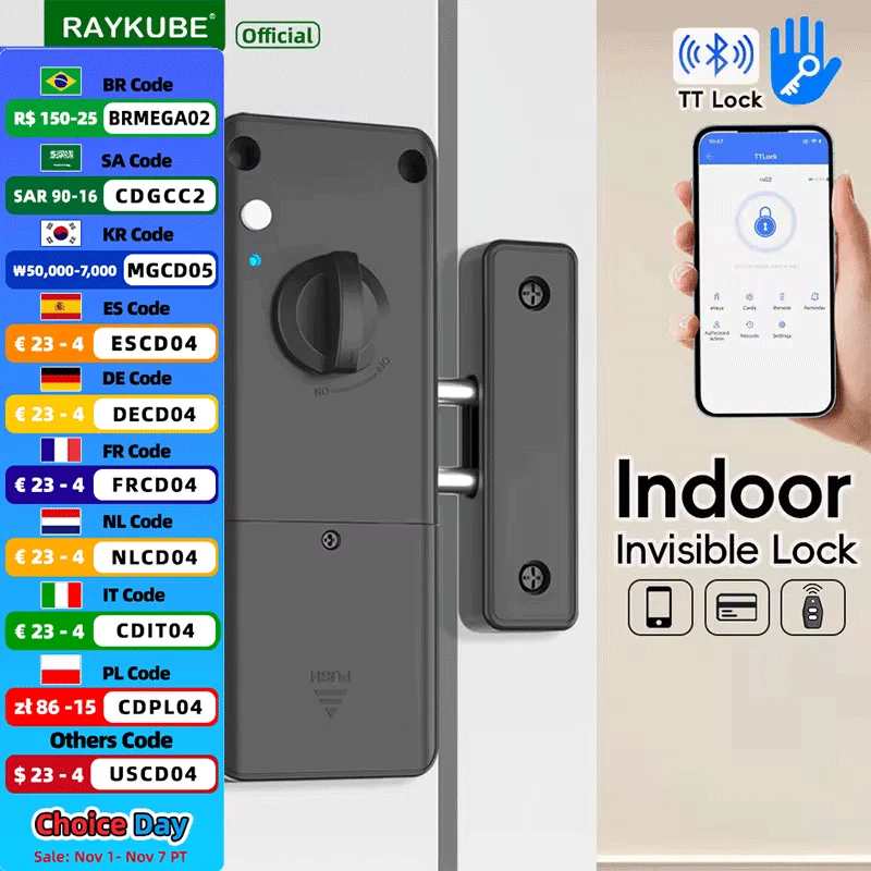 RAYKUBE RX02 Pengeboran Gratis Kunci TT Bluetooth Kunci Pintar Tak Terlihat Dalam Ruangan dengan Kartu IC 13.56/Aplikasi Kunci TT/Buka Kunci Remote Control
